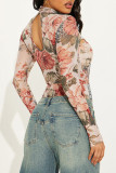 Red Sexy Print Hollow Out Patchwork O Neck Skinny Bodysuits
