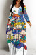 White Blue Casual Cartoon Print Basic V Neck Long Dresses