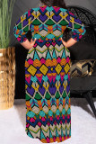 Black Casual Print Patchwork O Neck Long Plus Size Dresses