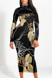 Black And White Casual Street Floral Print Contrast Half A Turtleneck Printed Dresses