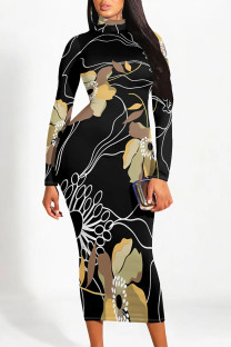 Black Casual Street Floral Print Contrast Half A Turtleneck Printed Dresses