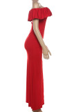Red Elegant Solid Color Patchwork Backless High Slit Off Shoulder Long Dresses