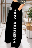 White Casual Street Letter Print Pocket Loose High Waist Wide Leg Positioning Print Bottoms