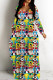 Multicolor Casual Cartoon Print Basic V Neck Long Dresses