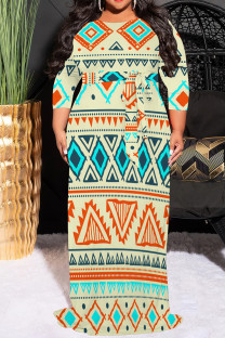 Blue Orange Casual Print Patchwork O Neck Long Plus Size Dresses