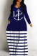 Tibetan Blue Casual Striped Print Basic V Neck Long Dresses