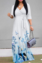 White Blue Elegant Floral Print Lace Up V Neck Printed Dresses