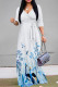 White Blue Elegant Floral Print Lace Up V Neck Printed Dresses