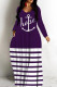 Purple Casual Striped Print Basic V Neck Long Dresses