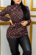 Coffee Casual Letter Print Draw String Pocket Zipper Mandarin Collar Tops