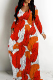 Powder White Casual Print Patchwork U Neck Long Dresses