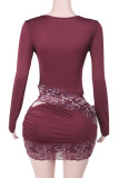 Burgundy Sexy Lace Hollow Out Patchwork Asymmetrical Collar Wrapped Skirt Dresses