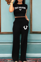 Black And White Casual Letters Pocket Patchwork O Neck Short Sleeve Two Pieces