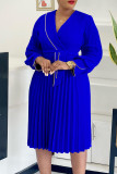 Colorful Blue Elegant Solid Color Patchwork Zipper Pleated V Neck Long Dresses