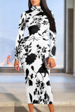 Black And White Casual Street Floral Print Contrast Half A Turtleneck Printed Dresses