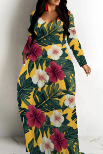 Yellow Casual Print Patchwork U Neck Long Dresses