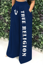 Tibetan Blue Casual Street Letter Print Pocket Loose High Waist Wide Leg Positioning Print Bottoms
