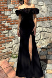 Red Elegant Solid Color Patchwork Backless High Slit Off Shoulder Long Dresses