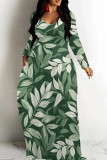Powder White Casual Print Patchwork U Neck Long Dresses