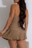 Black Sexy Solid Color Buckle Patchwork Backless Strapless Sleeveless Two Pieces