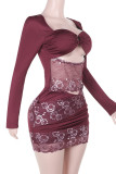Burgundy Sexy Lace Hollow Out Patchwork Asymmetrical Collar Wrapped Skirt Dresses