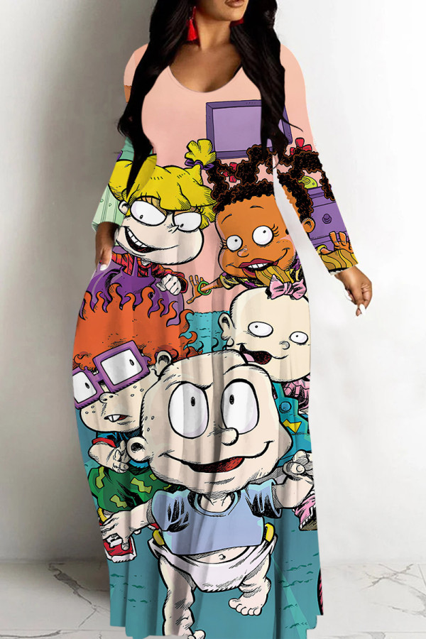 Lake Green Casual Cartoon Print Basic V Neck Long Dresses