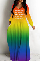 Orange Casual Letter Print Basic V Neck Long Dresses