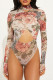 Red Sexy Print Hollow Out Patchwork O Neck Skinny Bodysuits
