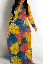 Yellow And Blue Casual Print Patchwork U Neck Long Dresses