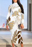 Black And White Casual Street Floral Print Contrast Half A Turtleneck Printed Dresses