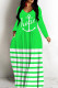 Green Casual Striped Print Basic V Neck Long Dresses