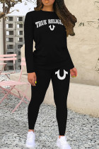 Black And White Casual Letters Patchwork O Neck Long Sleeve Two Pieces