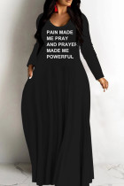 Black Casual Letter Print Basic V Neck Long Dresses