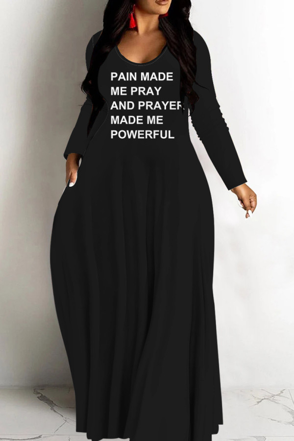 Black Casual Letter Print Basic V Neck Long Dresses