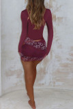 Burgundy Sexy Lace Hollow Out Patchwork Asymmetrical Collar Wrapped Skirt Dresses