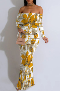 Ginger Sexy Floral Print Fishtail Off Shoulder Fishtail Dresses