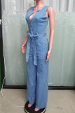Light Blue Casual Solid Color Pocket Patchwork Strap Design Zipper Zipper Collar Loose Denim Jumpsuits