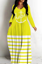 Yellow Casual Striped Print Basic V Neck Long Dresses