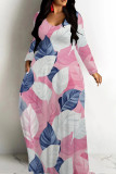 Powder White Casual Print Patchwork U Neck Long Dresses