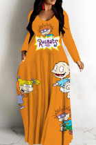 Orange Casual Cartoon Print Basic V Neck Long Dresses