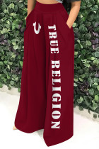 Deep Red Casual Street Letter Print Pocket Loose High Waist Wide Leg Positioning Print Bottoms