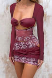 Burgundy Sexy Lace Hollow Out Patchwork Asymmetrical Collar Wrapped Skirt Dresses