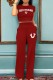 Red White Casual Letters Pocket Patchwork O Neck Short Sleeve Two Pieces