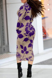 Black And White Casual Street Floral Print Contrast Half A Turtleneck Printed Dresses