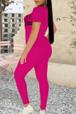 Rose Red Casual Street Letter Print Contrast O Neck Short Sleeve Two Pieces