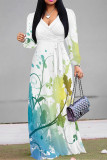 Purple Elegant Floral Print Lace Up Contrast V Neck Printed Dresses