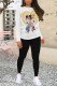 White Blue Casual Cartoon Print Letters O Neck Long Sleeve Two Pieces