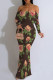 Dark Brown Sexy Floral Print Contrast Off Shoulder One Step Skirt Dresses