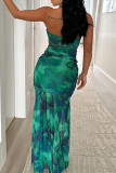 Green Elegant Print Patchwork Backless High Slit Halter Long Dresses