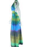 Green Elegant Print Patchwork High Slit Deep V Neck Long Dresses
